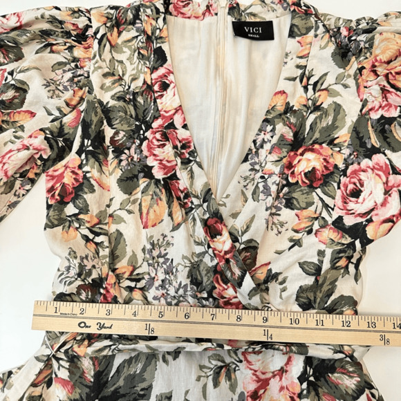 VICI Womens Floral Mini Dress Size S Puff Sleeves Bridal Shower Party Linen Boho - Picture 8 of 15